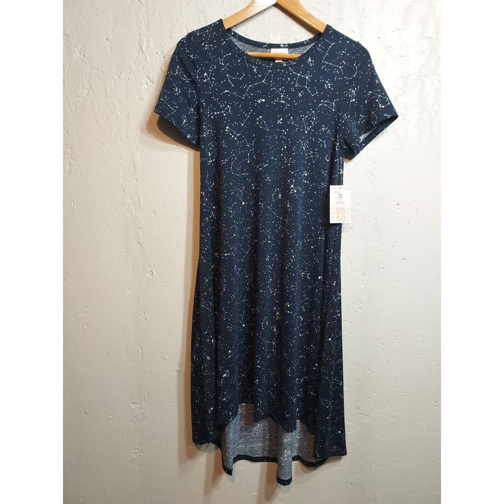 LuLaRoe Carly‎ High Low Swing Dress XS Blue Stars Constellations Space NWT